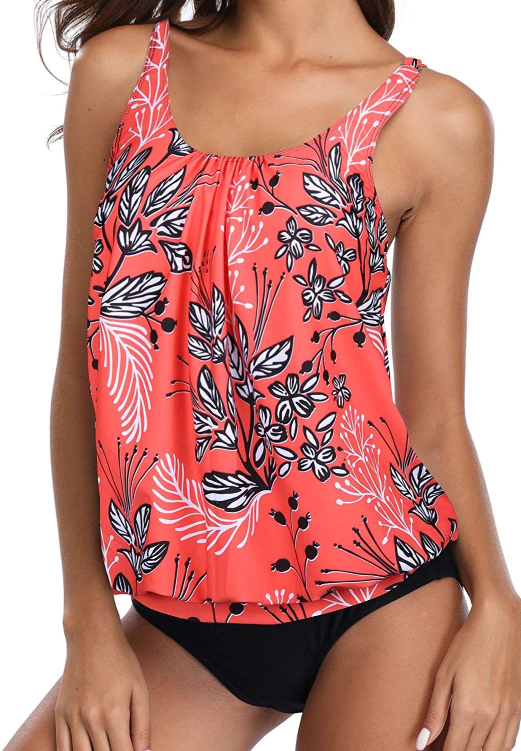 Yonique Womens 2 Piece Blouson Tankini Swimsuits Red Floral Size XX