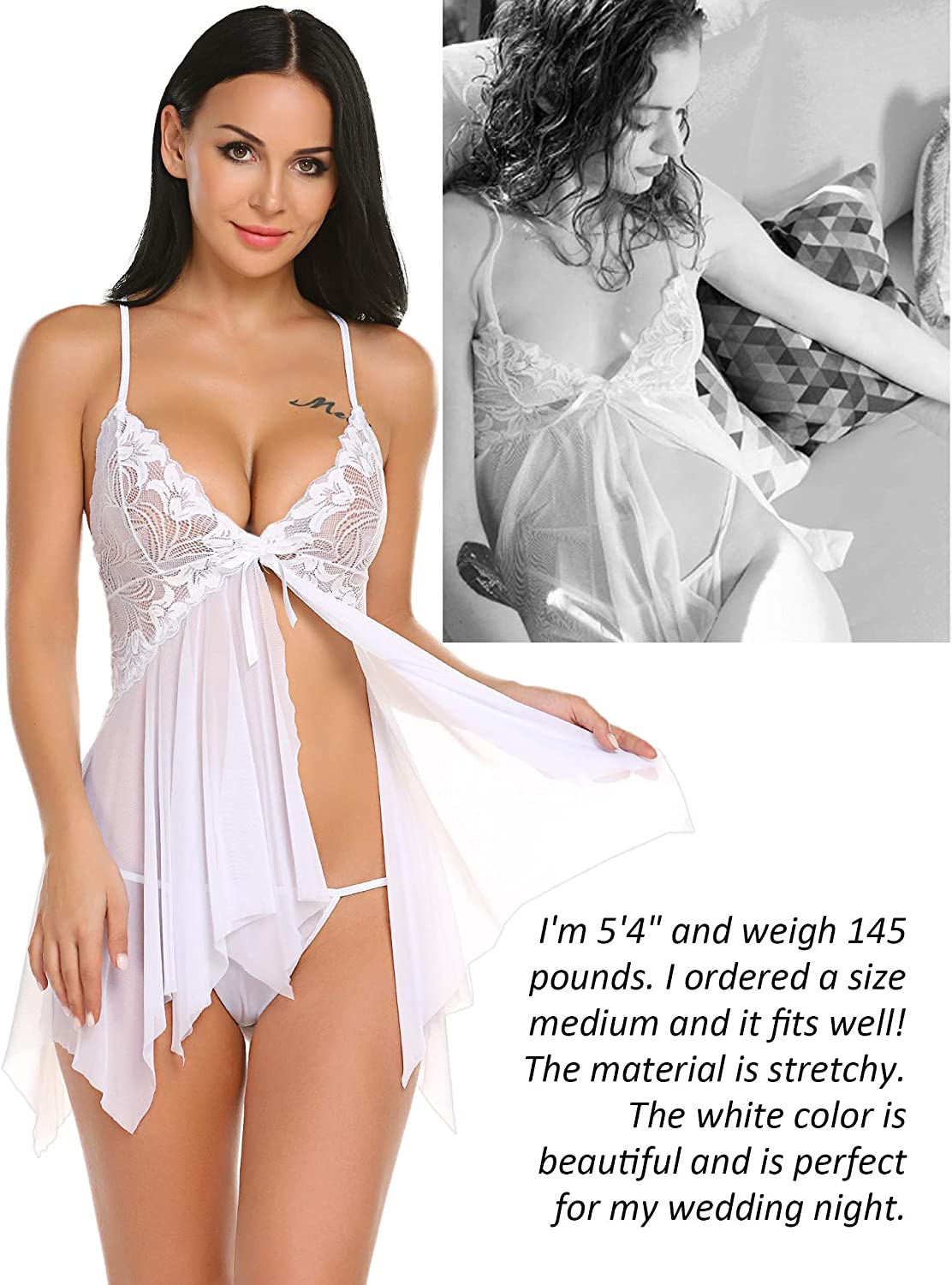 Avidlove Women Lingerie Lace Babydoll V Neck Sleepwear Strap White