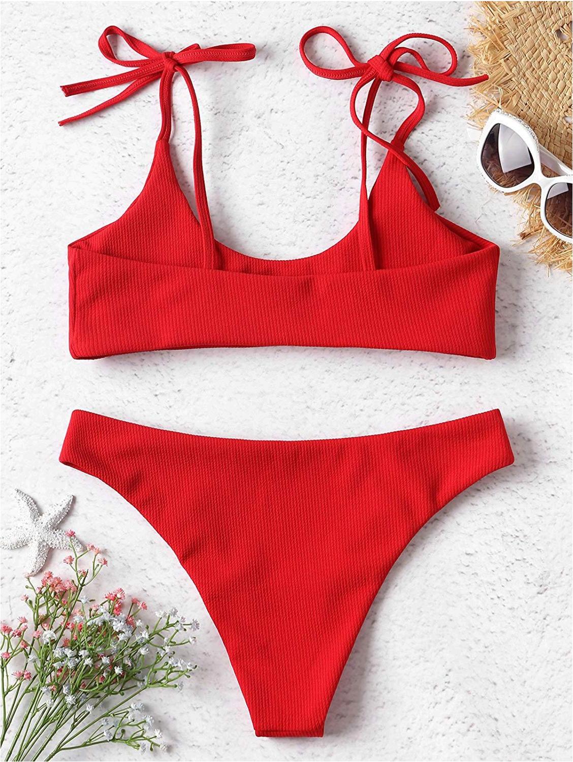 Zaful Women S Sexy Tie Shoulders Ribbed Bikini Set Padded Strap Red