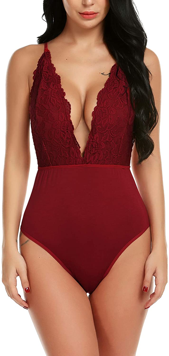 Pintimi Women Snap Crotch Bodysuit Lingerie Deep V Plunging Red Size