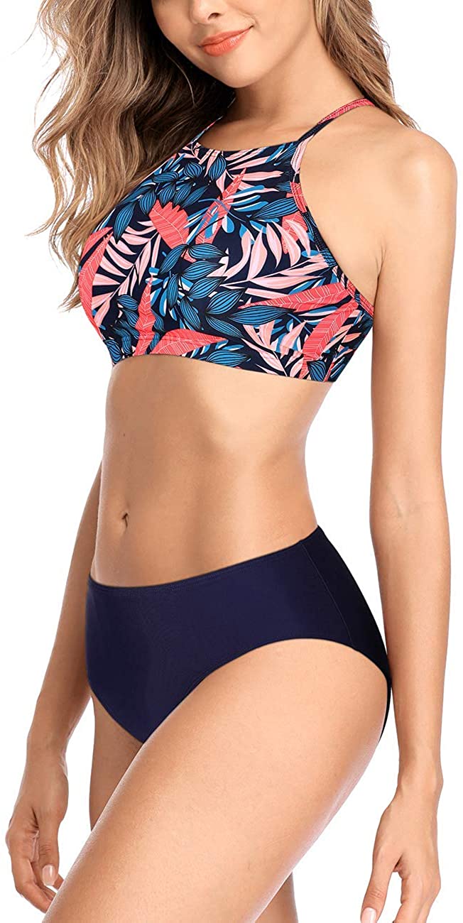 CharmLeaks Women S Halter Bikini Swimwear High Neck Colorful Leaf