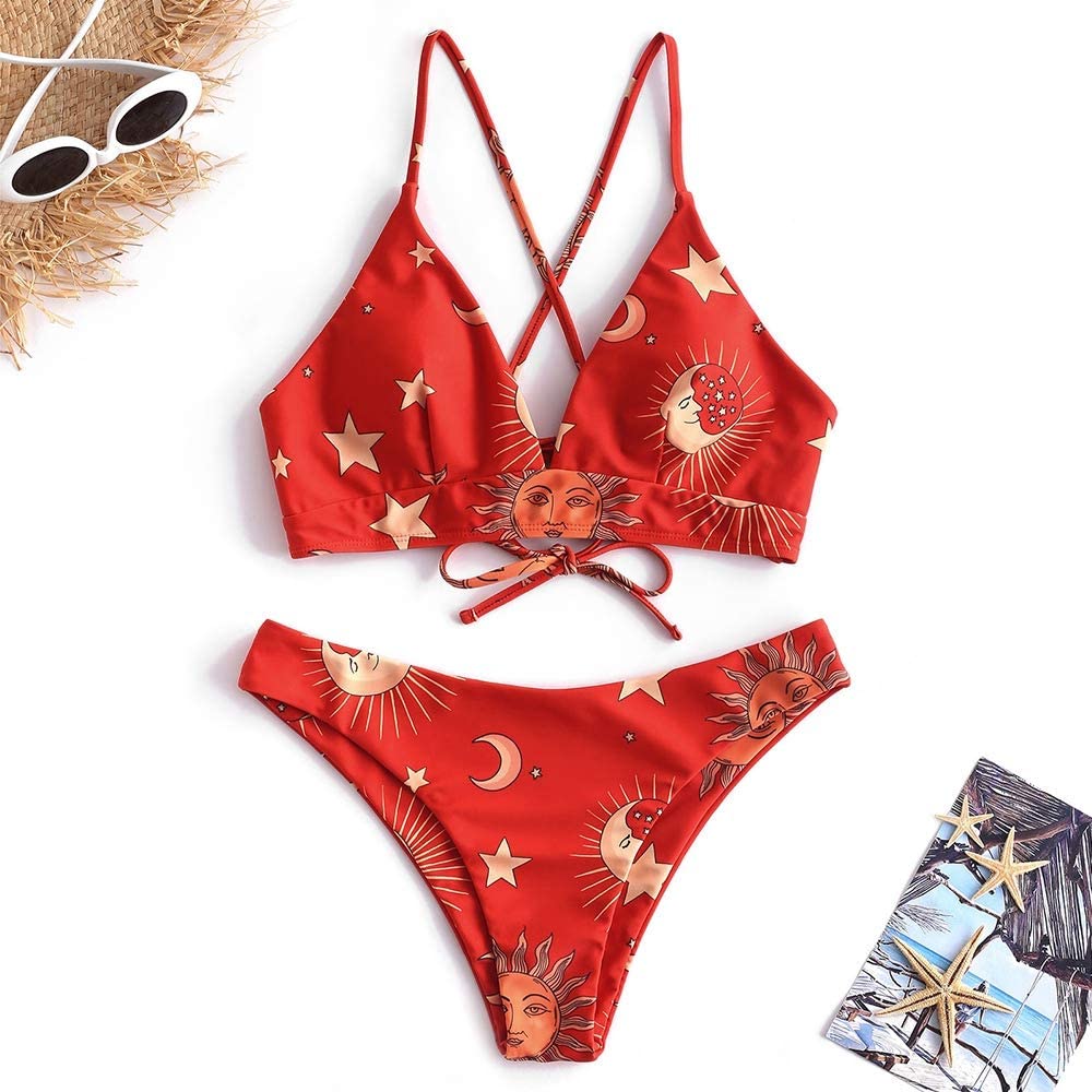 Mzeazrk Women Adjustable Thong Bikini Set High Cut Print Padded Red