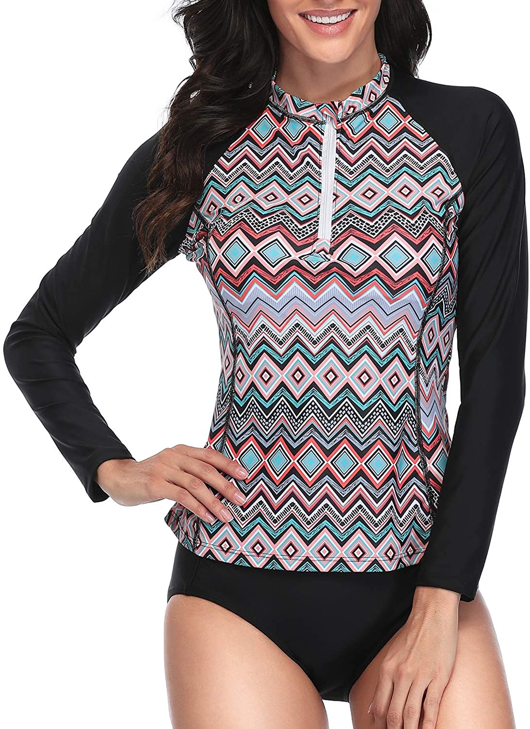 Daci Women Rash Guard Long Sleeve Zipper Bathing Suit With Geometric Size Ebay