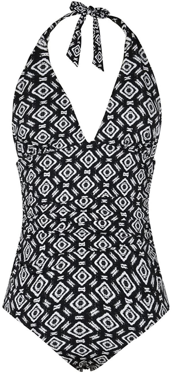 Hilor Women s One Piece Swimsuit Plunge Deep V Neck Argyle Pattern 