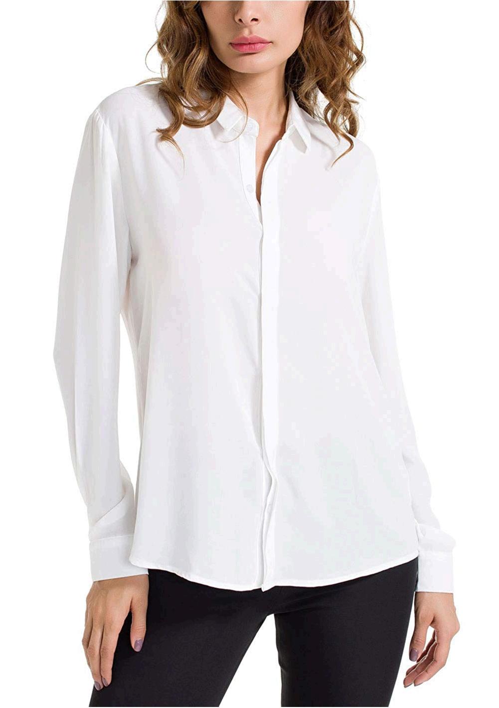 Double Plus Open DPO Women's Chiffon Casual Button Up Shirt, White ...
