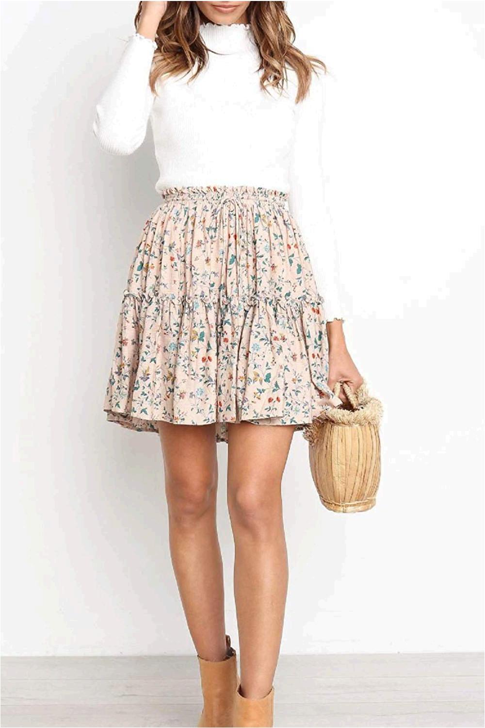 Alelly Women's Summer Cute High Waist Ruffle Skirt Floral, Beige, Size ...