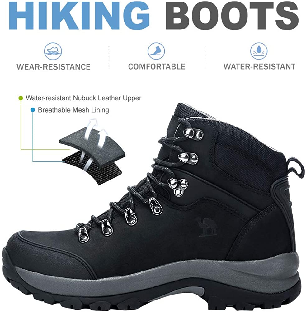 CAMEL CROWN Men&#39;s Hiking Boots Full Grain Leather Non-Slip Mid, Black, Size 9.5 | eBay