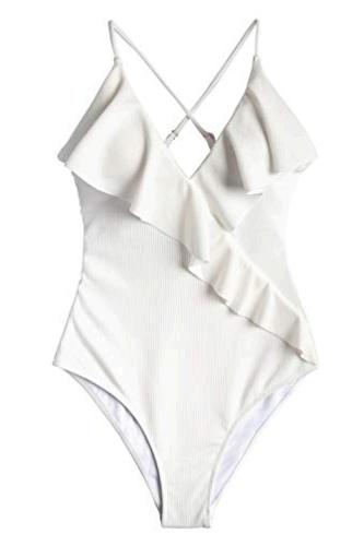 CUPSHE Women's Happy Ending Solid One-Piece Swimsuit Beach, White, Size ...