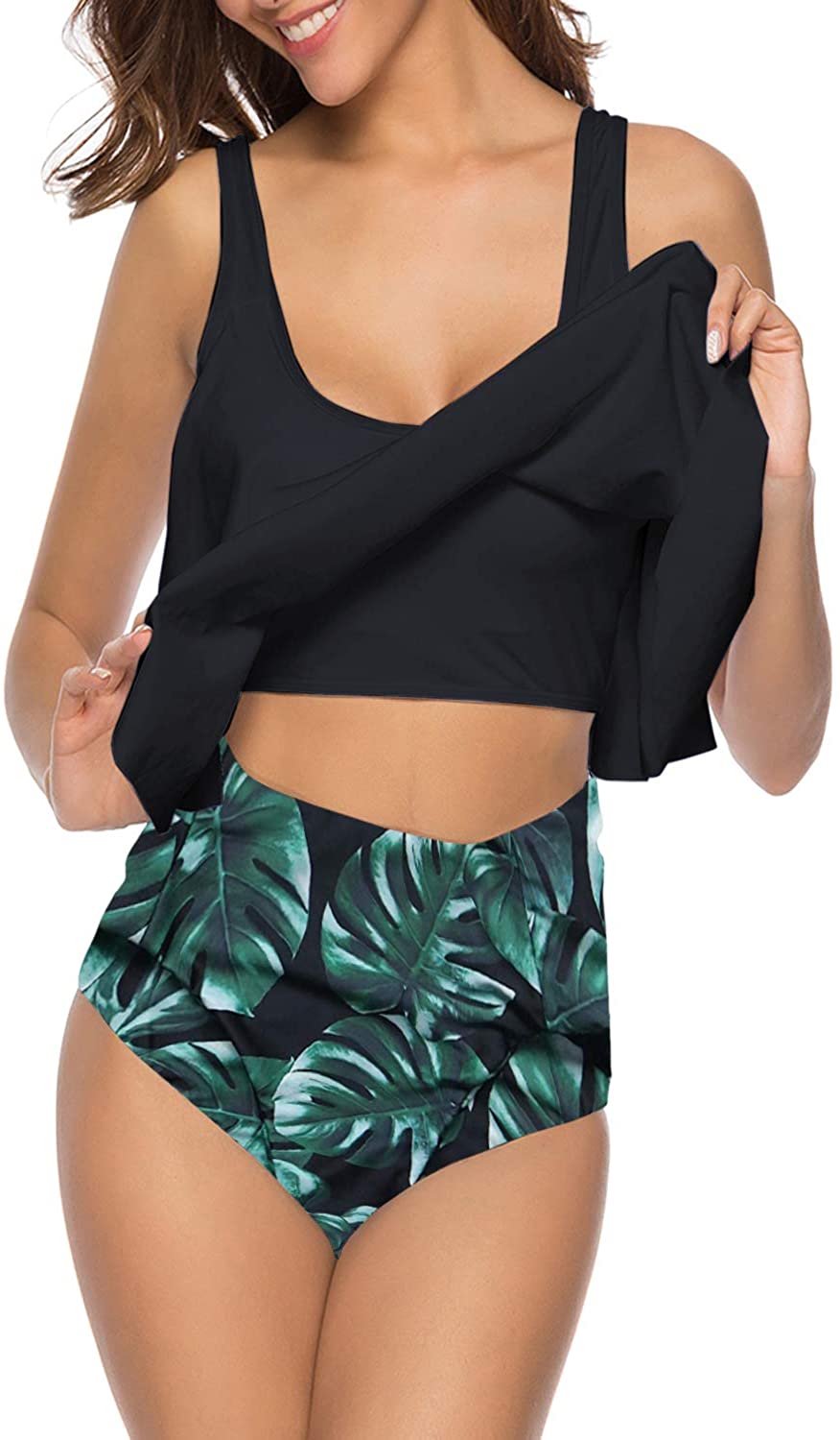 I2crazy Women High Waisted Swimsuit Two Piece Ruffled 09black Leaf 0211