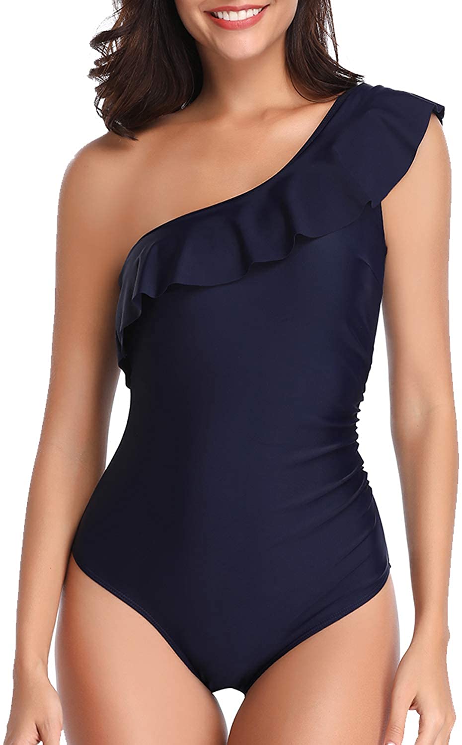 Tempt Me Women One Piece Swimsuits One Shoulder Ruffle Navy Blue Size X Large EBay