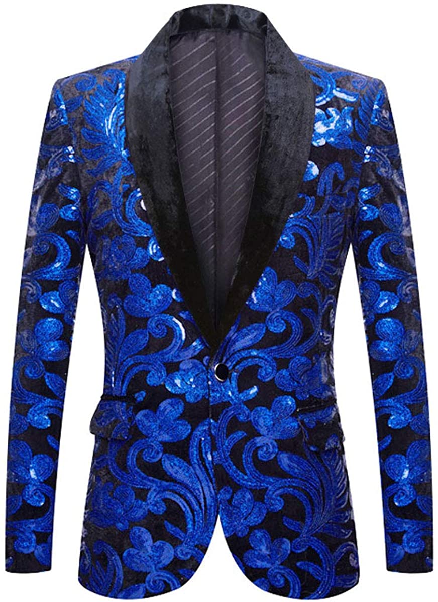 PYJTRL Men Fashion Velvet Sequins Floral Pattern Suit ...