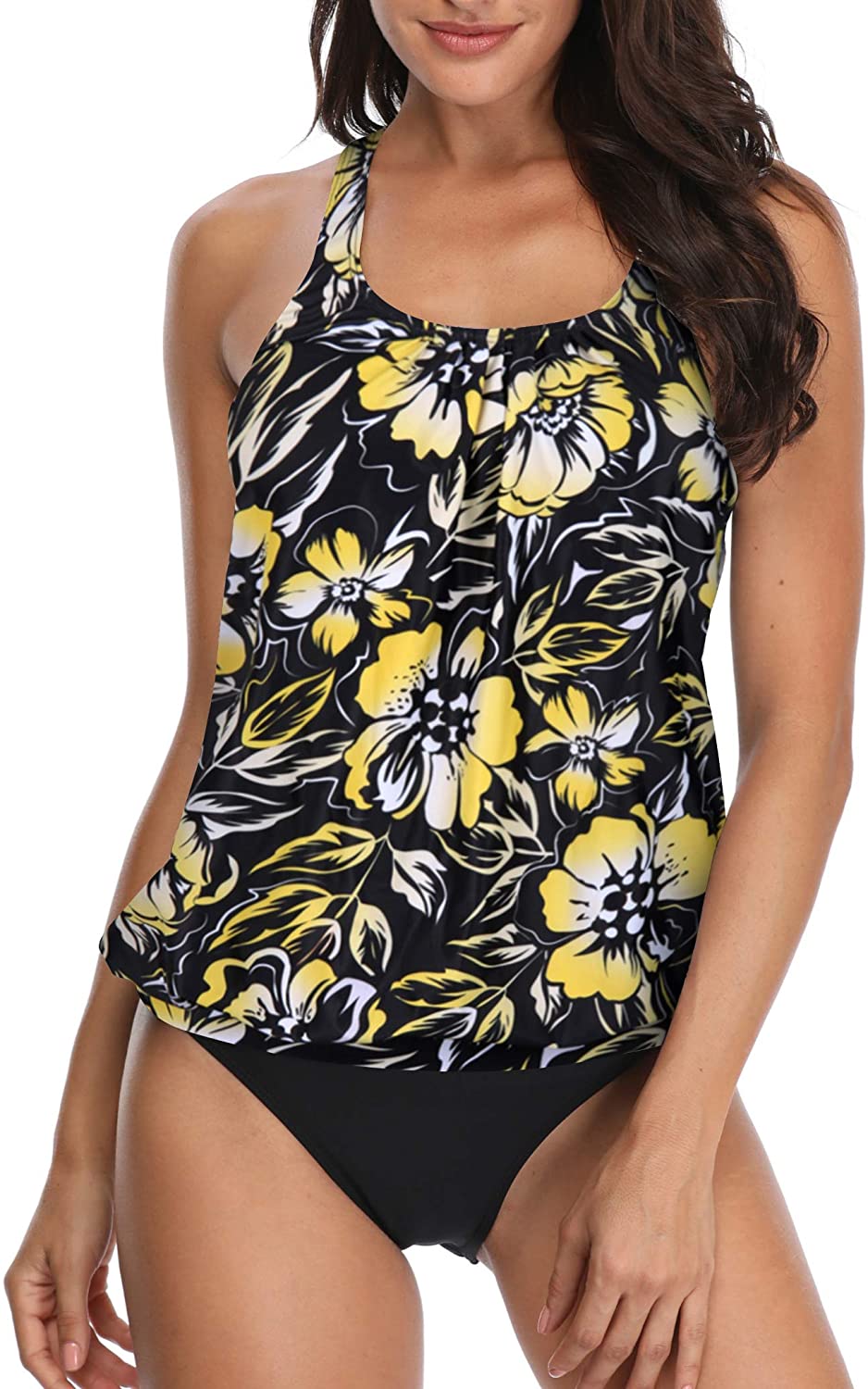 Yonique Blouson Tankini Swimsuits For Women Loose Fit Floral Yellow 9141