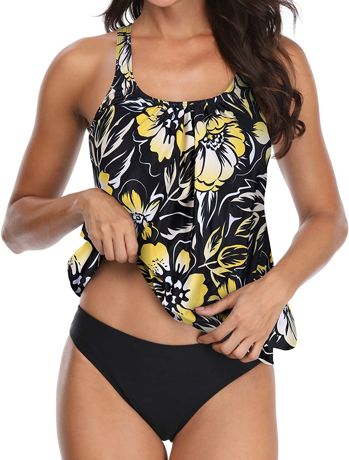 Yonique Blouson Tankini Swimsuits For Women Loose Fit Floral Yellow 6252