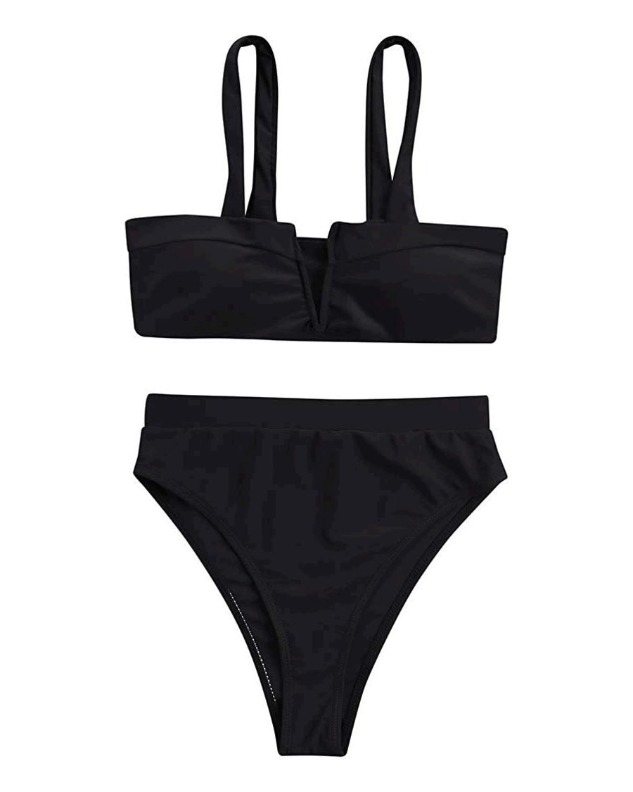 MOSHENGQI Women High Wasited Bikini Shoulder Strap 2 Piece, 59 Black ...
