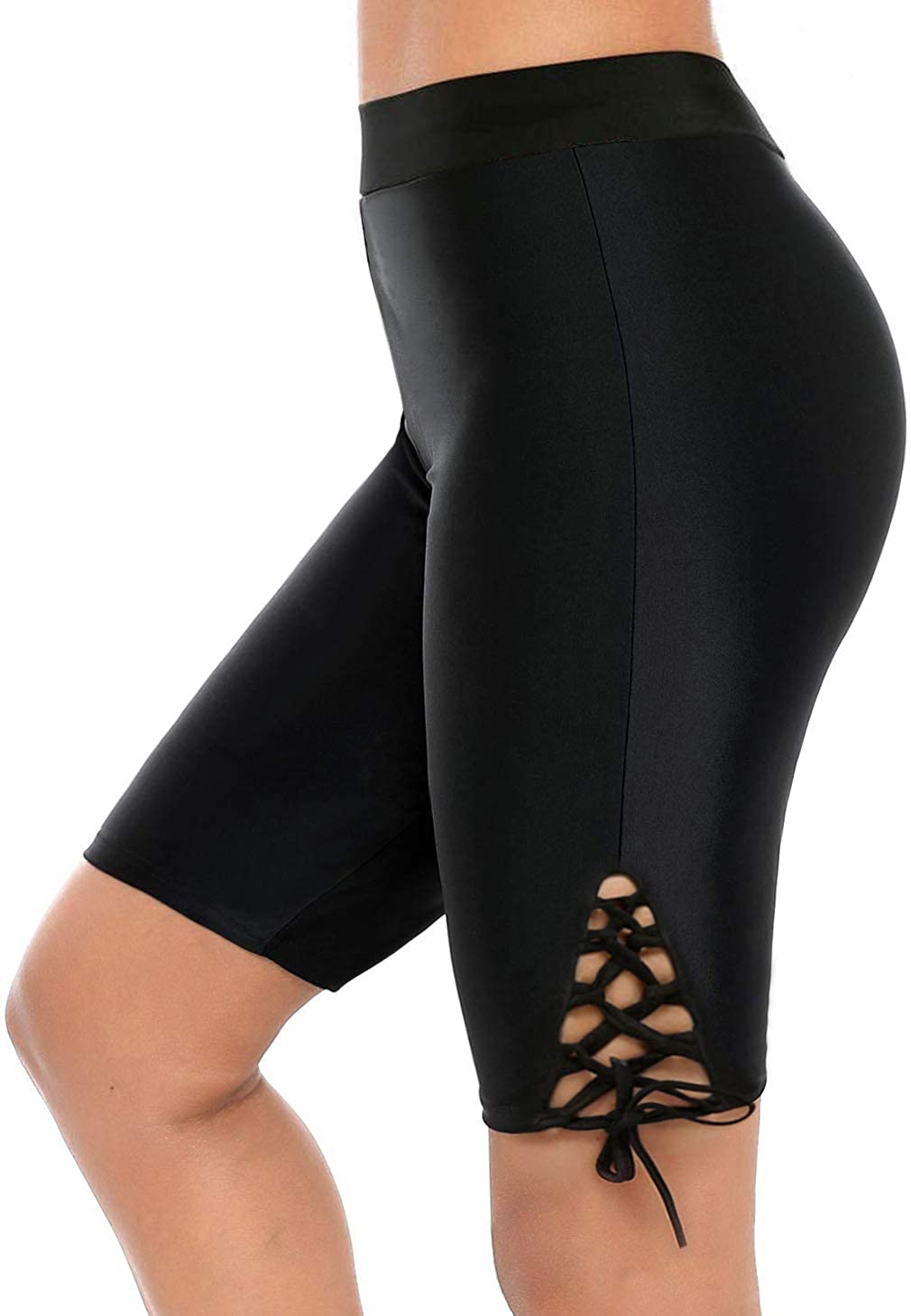 Neeseelily Women Long Board Shorts High Waist Swimsuit Leggings, Black