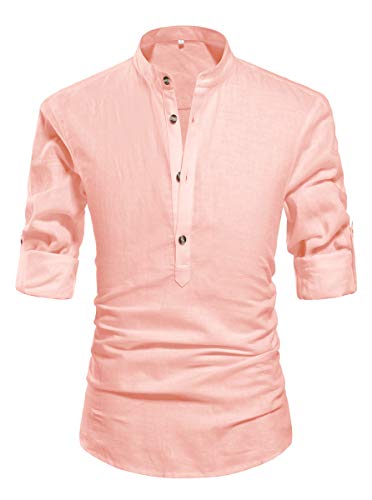 ZYFMAILY Men's Long-Sleeve Linen Henley Shirt Plain, Light Pink, Size ...
