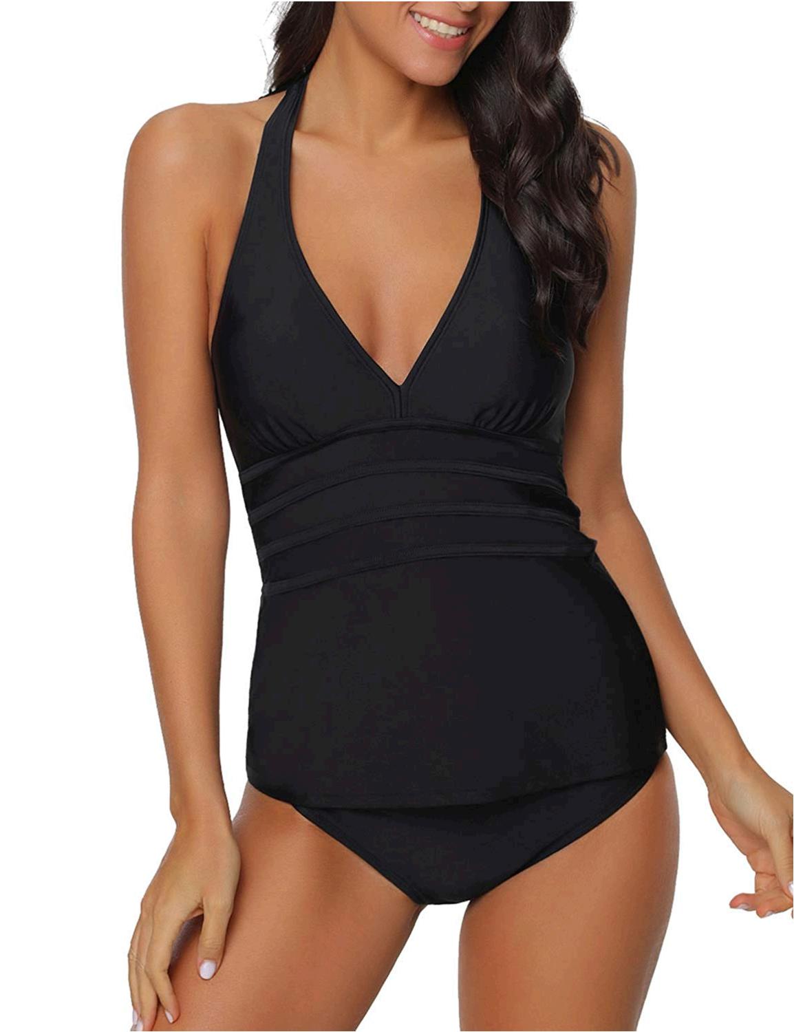 ACKKIA Women's Black Halter Two Pieces Swimsuit V Neck ...