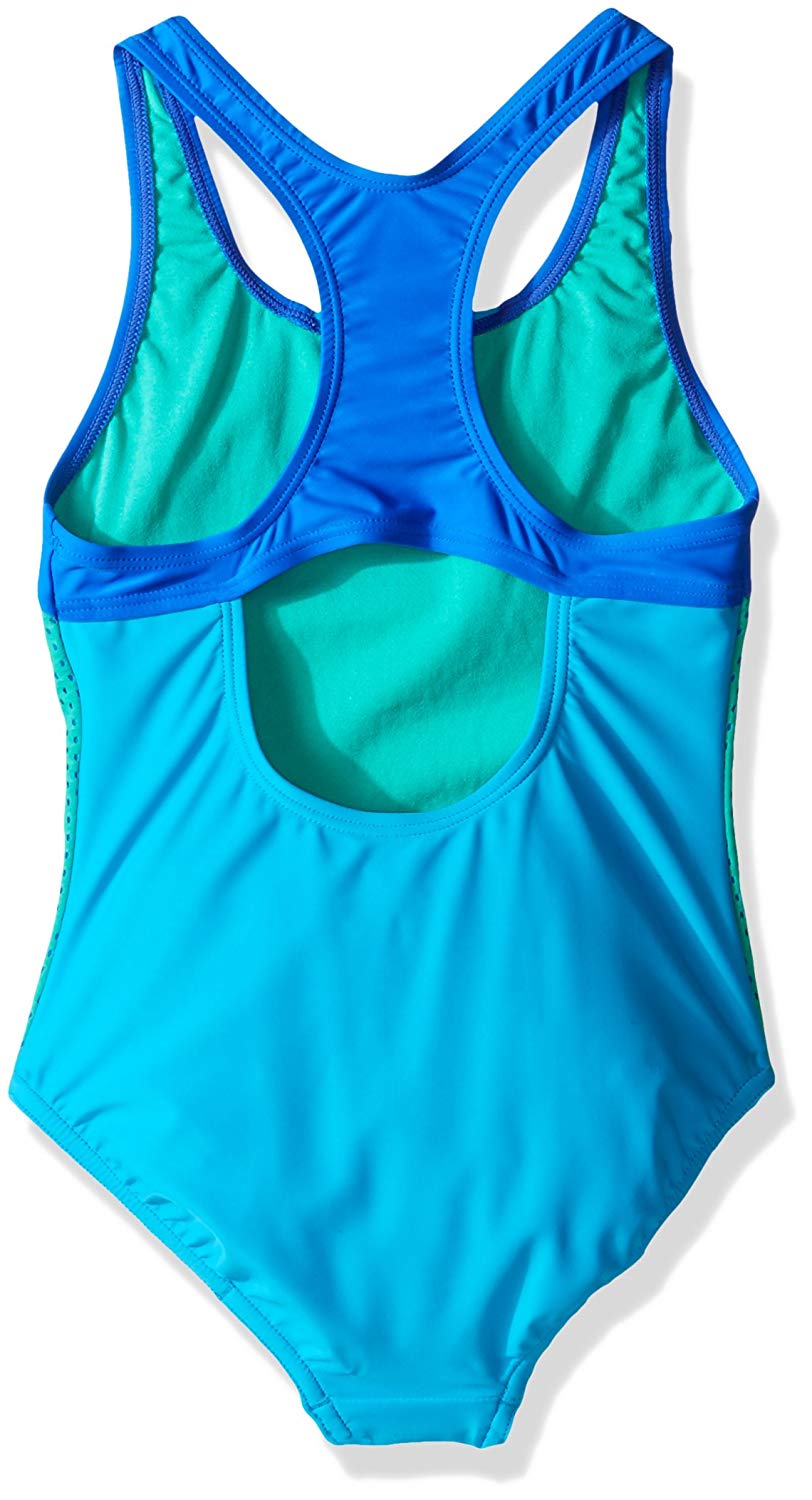 Speedo Big Girls Mesh Splice Thick Strap 1 Piece Speedo Black Cyan