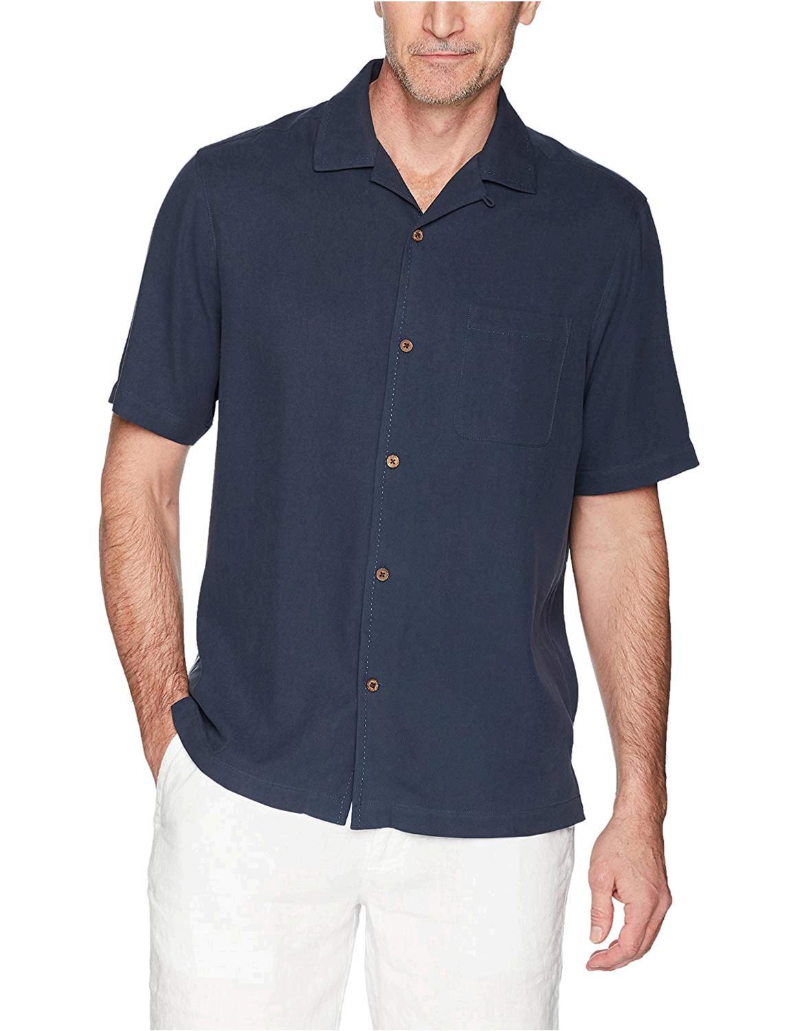 28 Palms Men's Relaxed-Fit 100% Silk Camp Shirt, Blue, Blue Night, Size