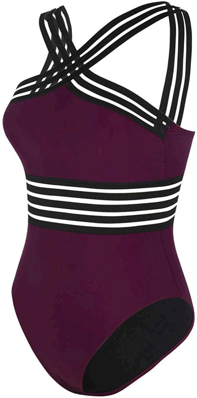 Hilor Women's One Piece Swimwear Front Crossover Swimsuits, Burgundy ...