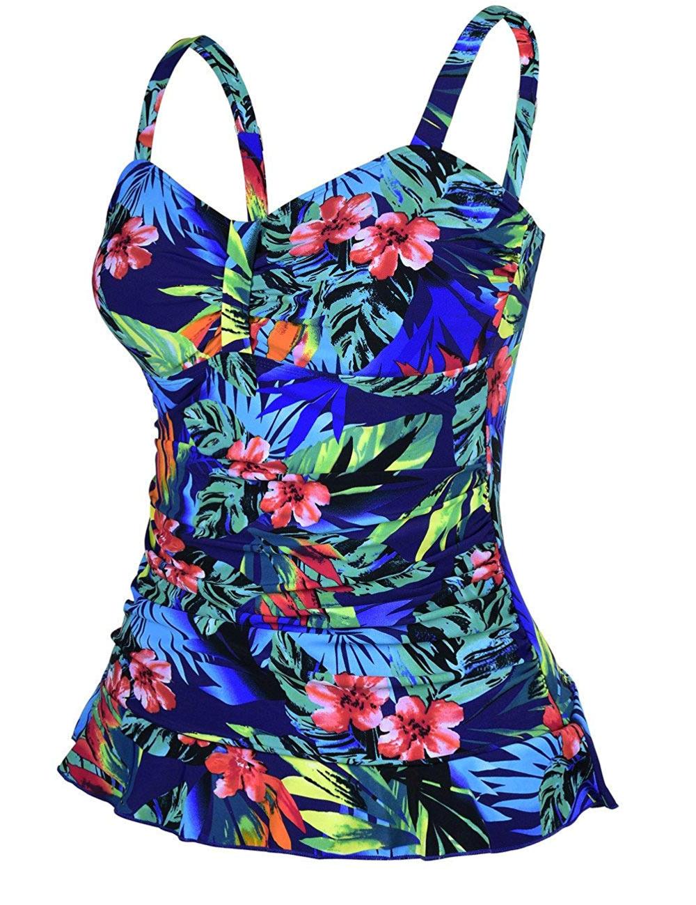 Hilor Women's 50's Retro Ruched Tankini Swimsuit Top, Blue&red Floral ...