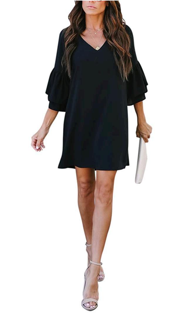 Sexy Deep V Neck Bell Sleeve Autumn Winter Dresses Women Casual Elastic Waist Sweater Dress 