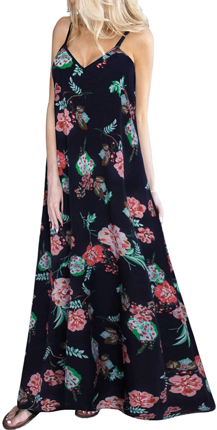 Kidsform Women's Boho Maxi Dress Sleeveless Summer, A-floral Navy, Size ...
