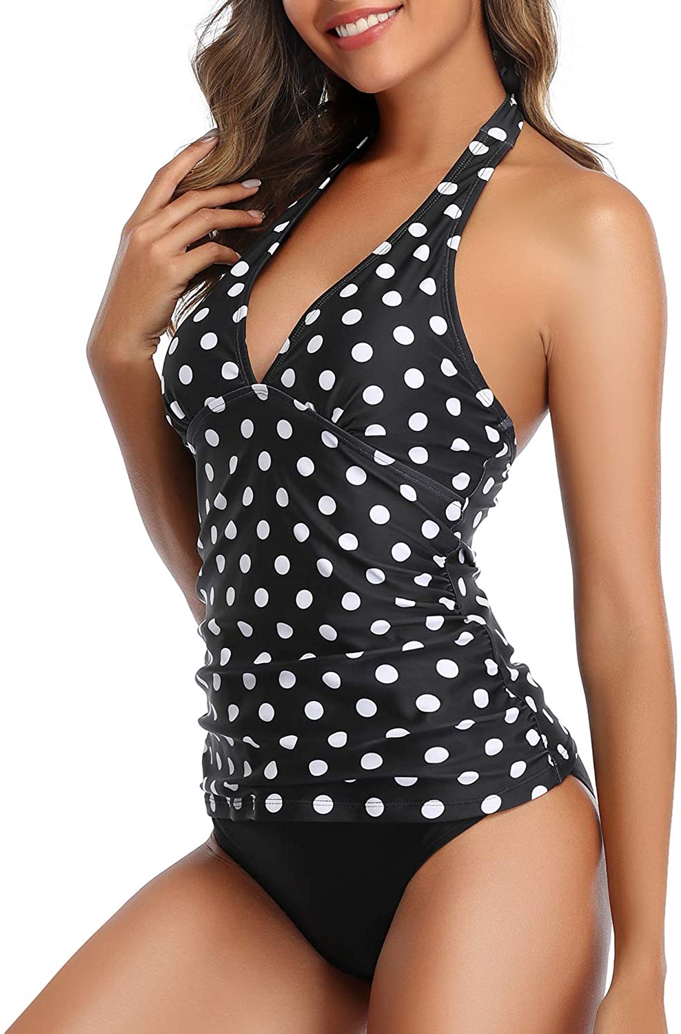 Holipick Women Deep V Neck Halter Tankini Sexy Two Piece Polka Dot