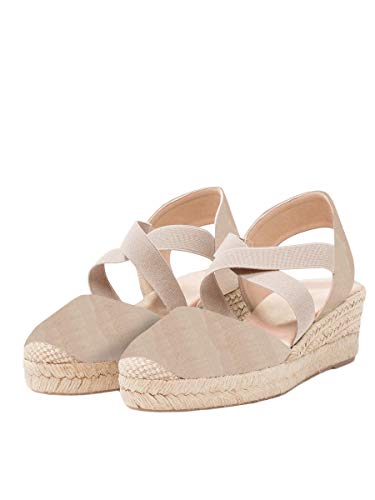 Womens Espadrille Platform Elastic Strappy Closed Toe Wedge, 1-khaki