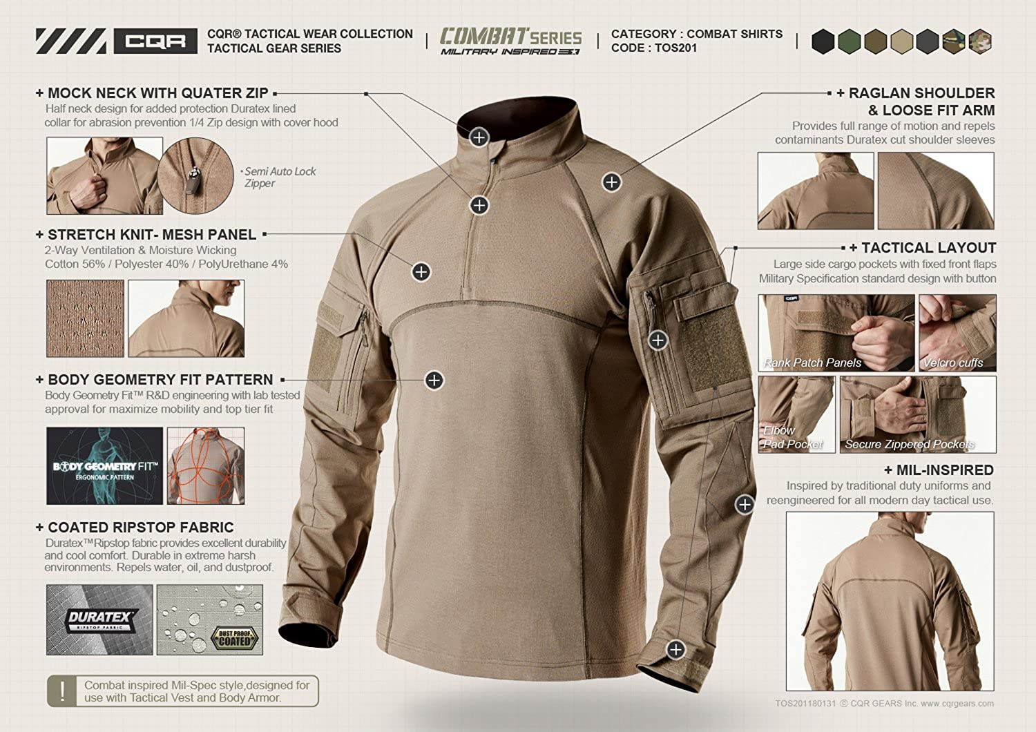 CQR Men's Combat Shirt Tactical 1/4 Zip Assault Long, Woodland Olive ...