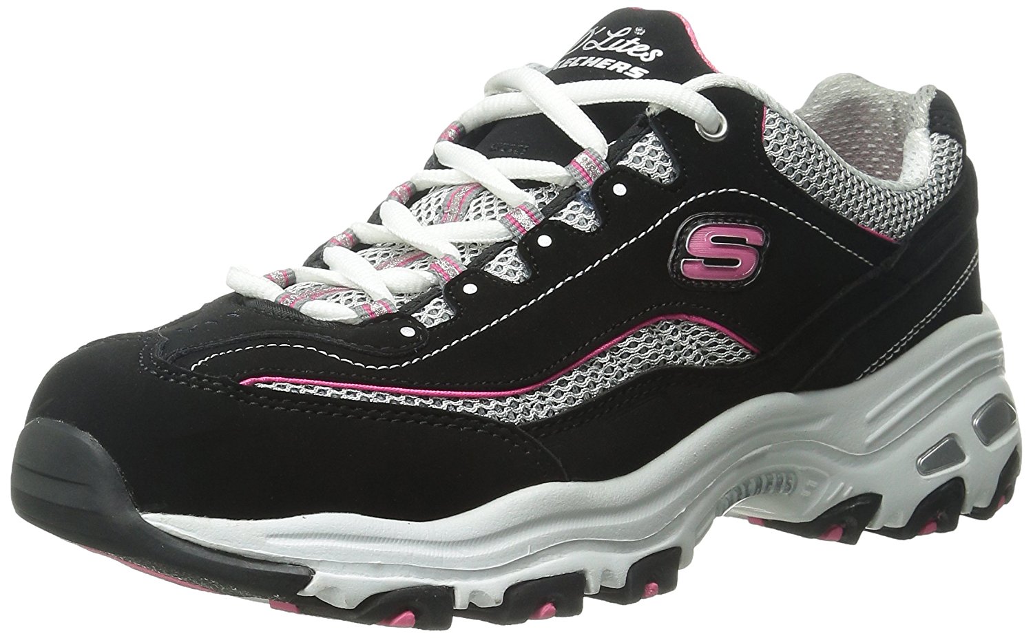 Skechers Womens D'Lites Low Top Lace Up Running Sneaker, Black/Pink ...
