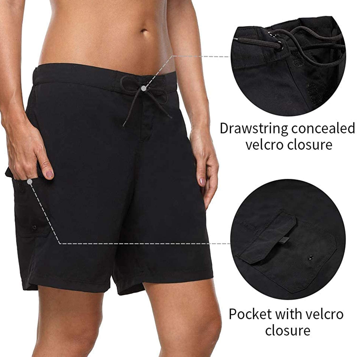 Sociala Women's Long Board Shorts with Pocket, Black(cargo Pocket
