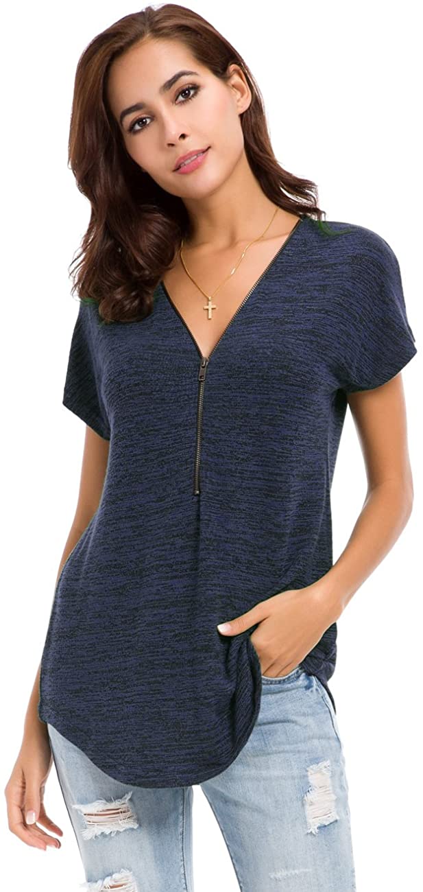 LUSMAY Womens Loose Fitting Zip Up Deep V Neck Short, Navy Blue, Size ...