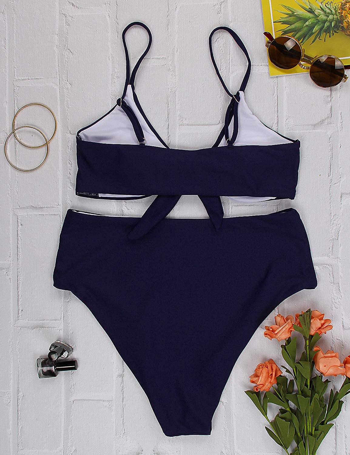 Blooming Jelly Womens High Waisted Bikini Set Tie Knot High, Navy, Size ...