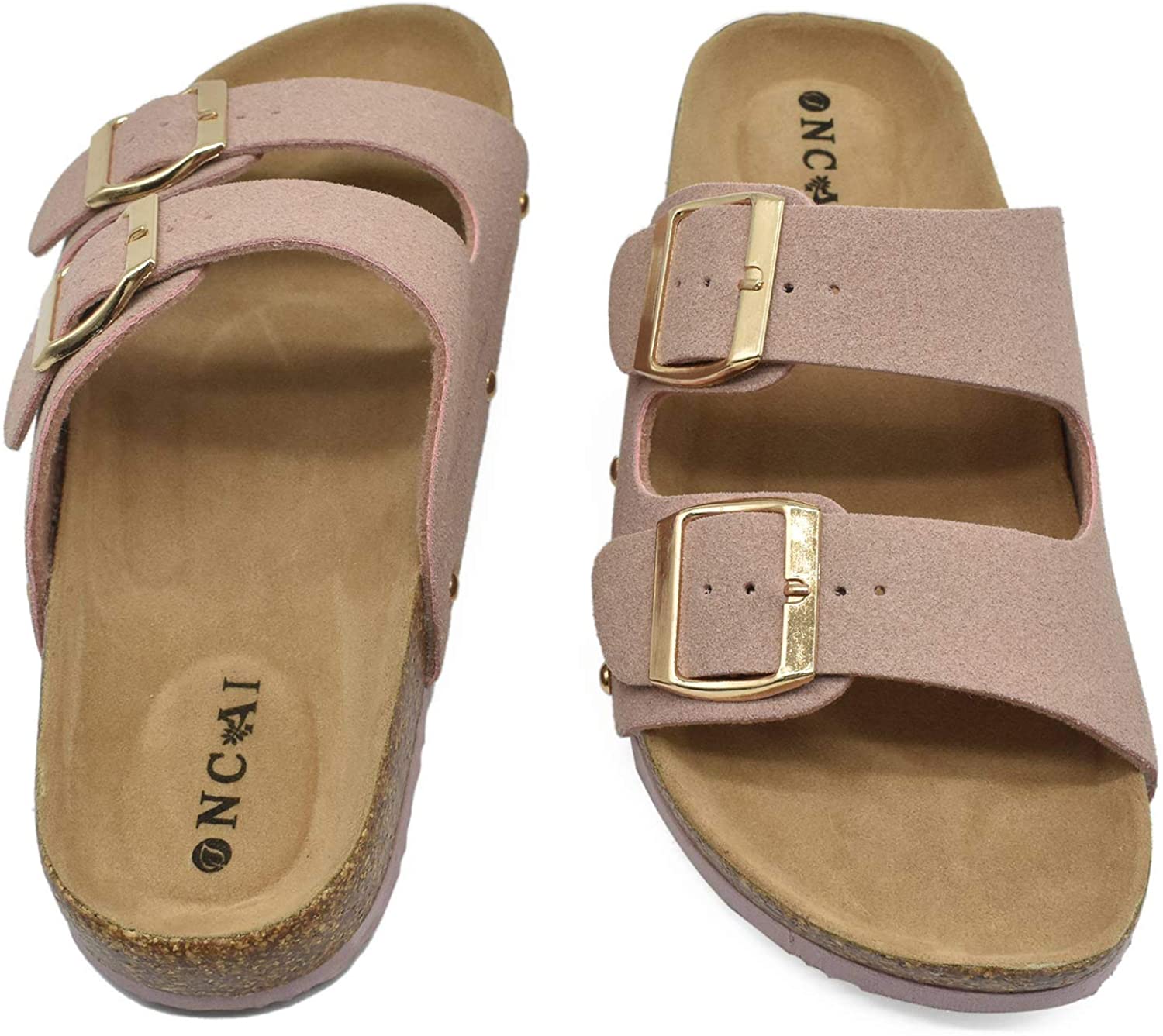 Womens Flat Slide Sandals with Arch Support 2 Strap Adjustable, Pink ...