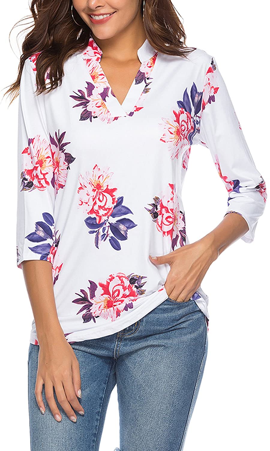 Ceasikery Women's 3 4 Sleeve Floral V Neck Tops Casual, Floral White 