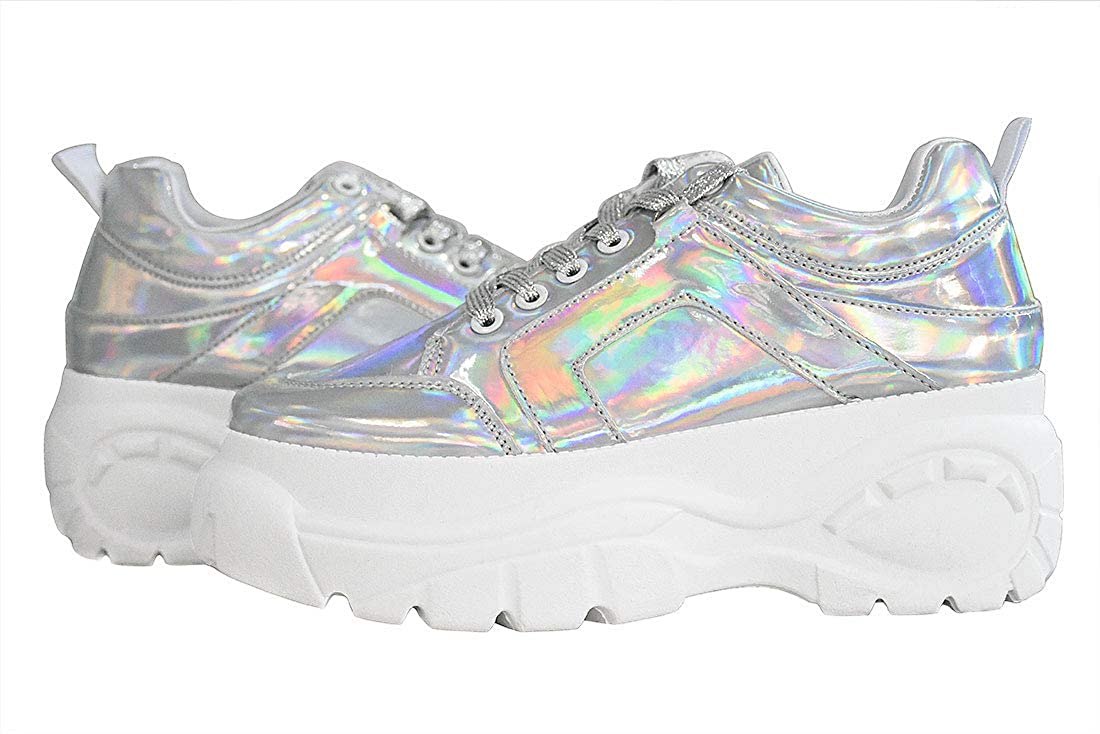 LUCKY STEP Women Chunky Platform Dad Colorblock White, Hologram Silver ...