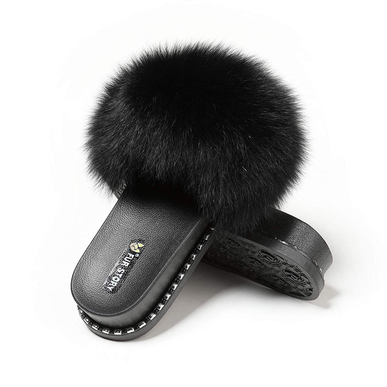 fur slides with pearls
