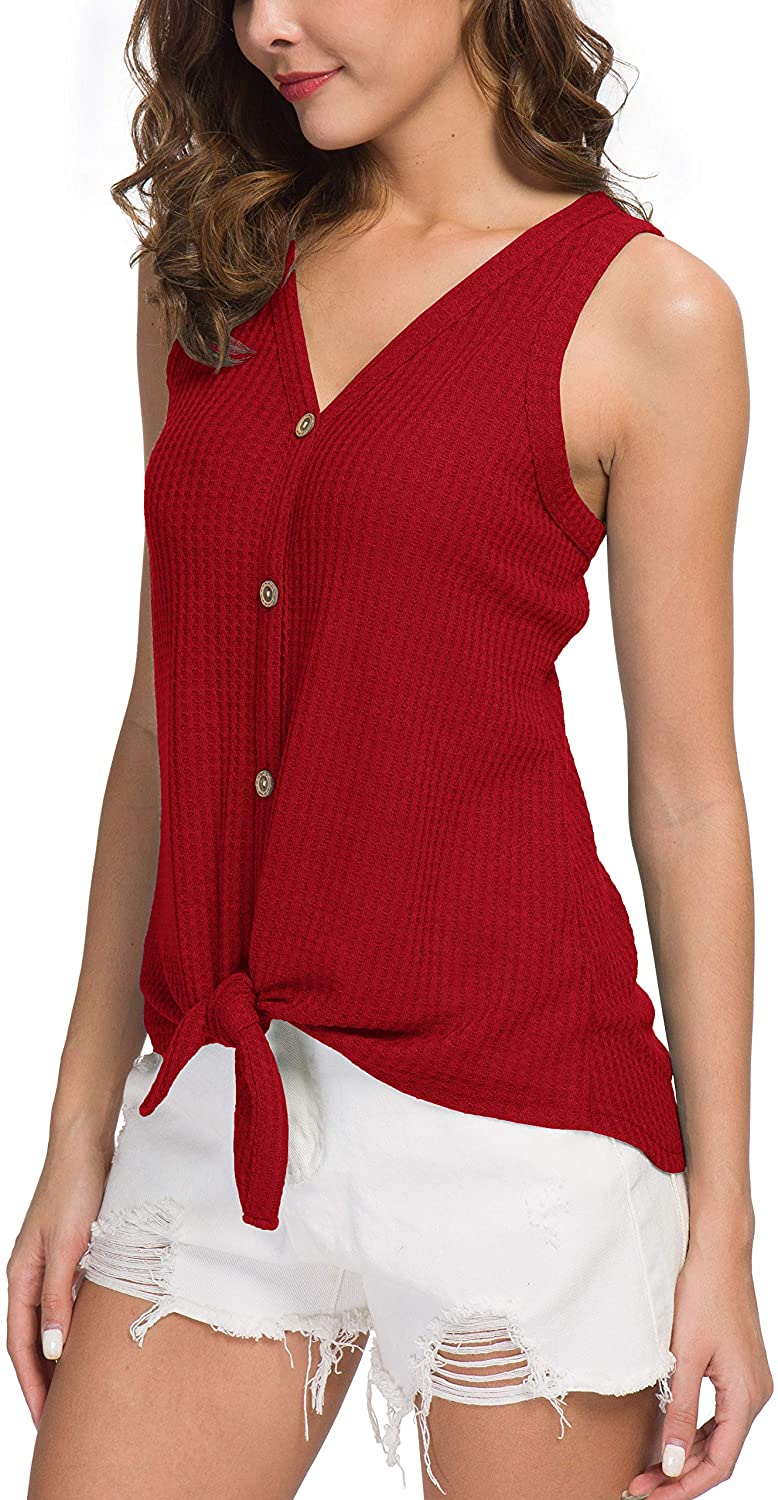 IWOLLENCE Womens Loose Henley Blouse Sleeveless Button Down T, 11 Red ...