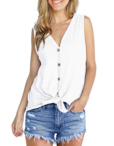 IWOLLENCE Womens Loose Henley Blouse Sleeveless Button, 01 White, Size ...