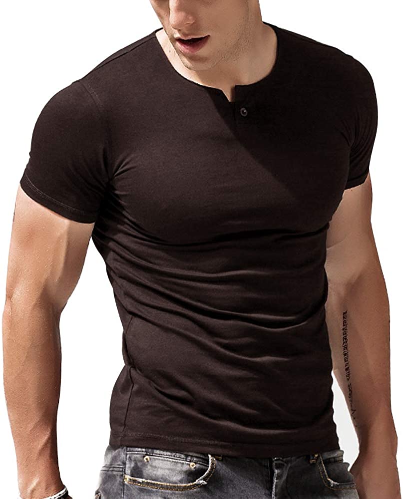 palglg Mens Cotton Muscle Slim Fitted Sport Henley T-Shirt, Coffee ...