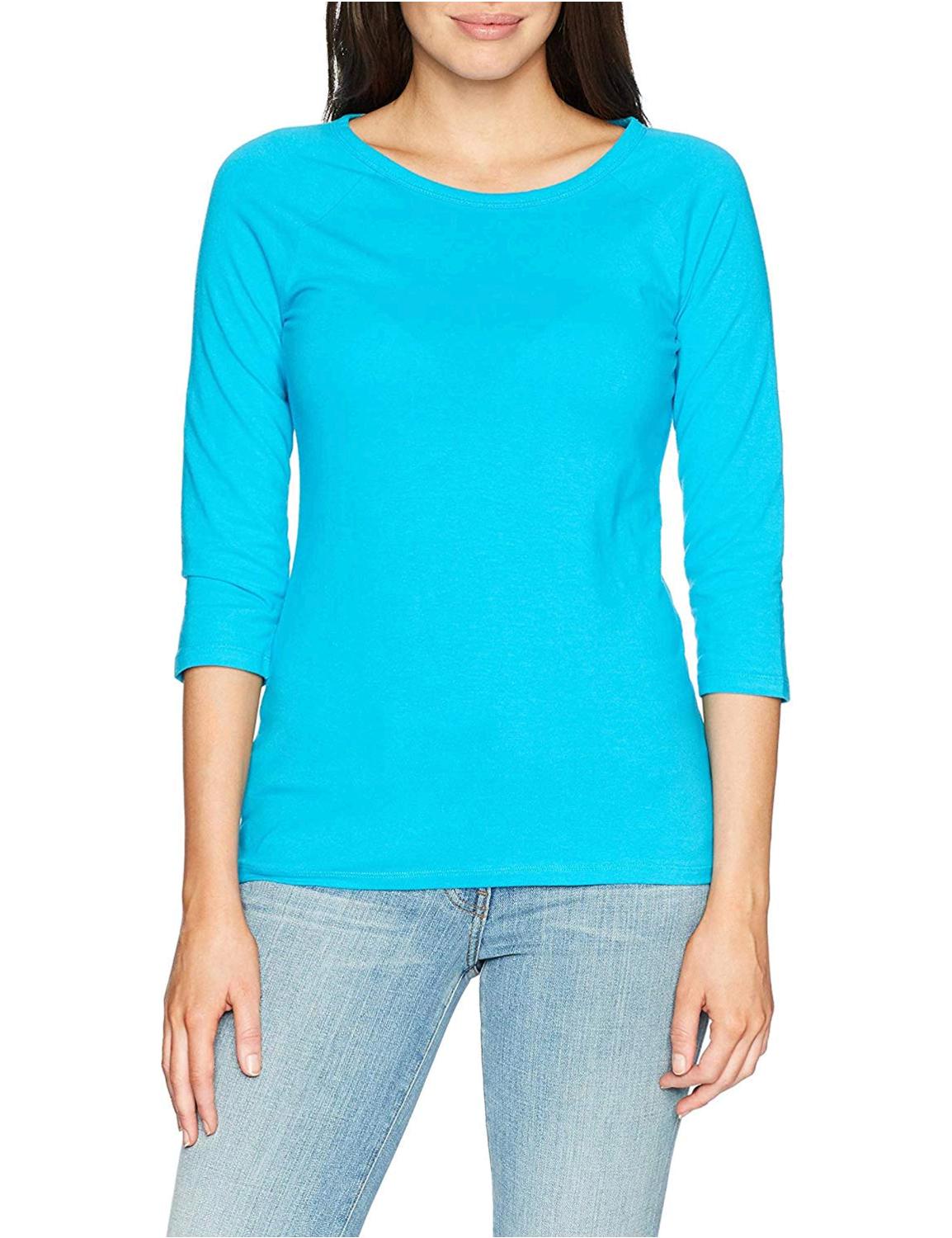 Hanes Women's Stretch Cotton Raglan Sleeve Tee,, Flying Turquoise, Size ...