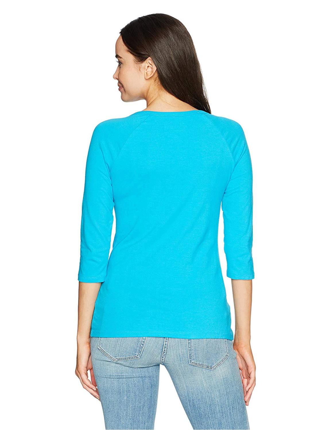 Hanes Women's Stretch Cotton Raglan Sleeve Tee,, Flying Turquoise, Size ...