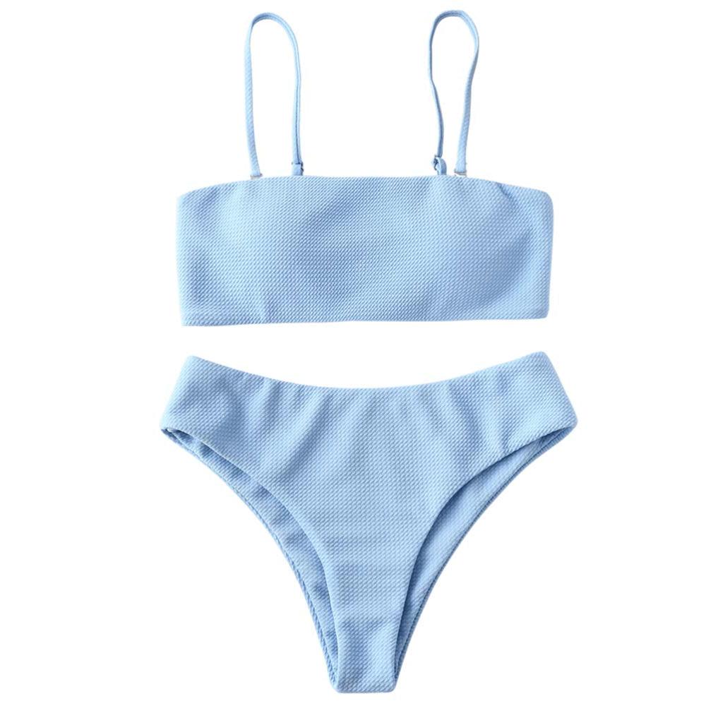 ZAFUL Bikini Textured Removable Straps Padded Bandeau, Light Blue, Size ...