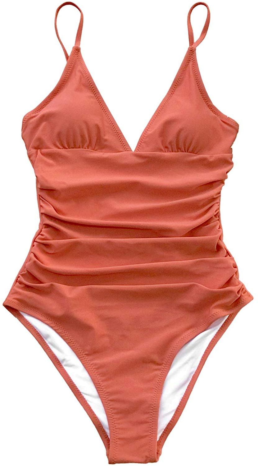 CUPSHE Women's Bright Day Shirring V Neck One Piece Swimsuit, Orange ...