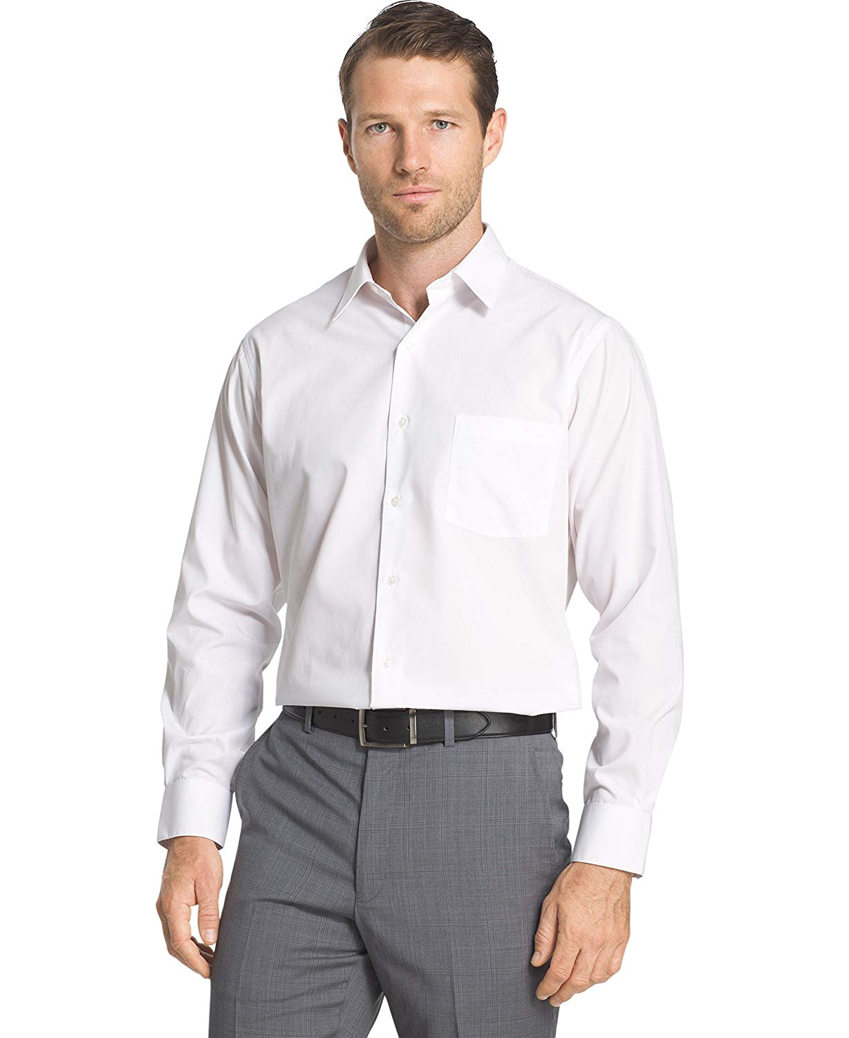 Van Heusen Men's Poplin Fitted Solid Point Collar Dress Shirt,, White ...