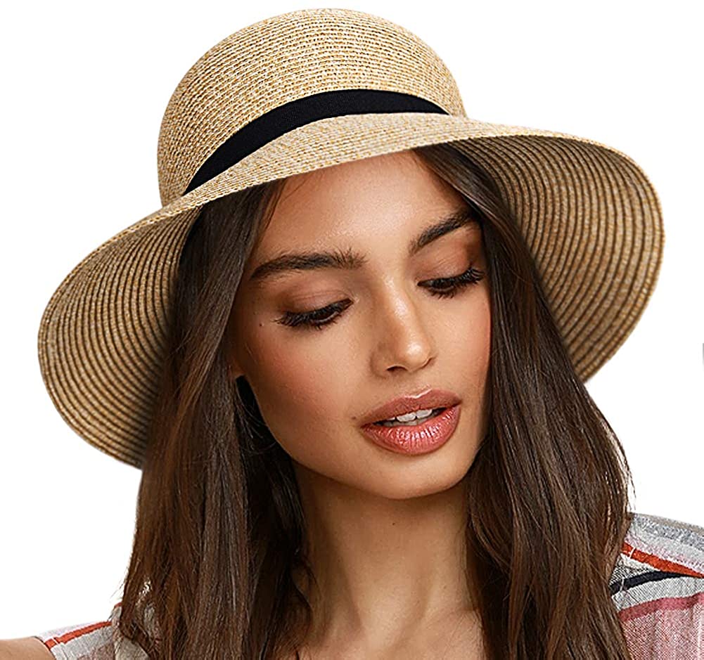 Summer Packable Wide Brim Sun Hat UV Protective Outdoor Beach Caps with Chin Strap Headshion Bucket Hats for Women 