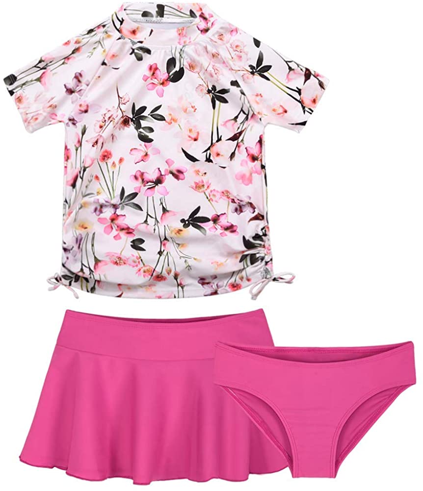 Cadocado Girls Chic 3 Pieces Rash Guard Swimwear UPF 50 Floral Short Sleeve Swim Set 