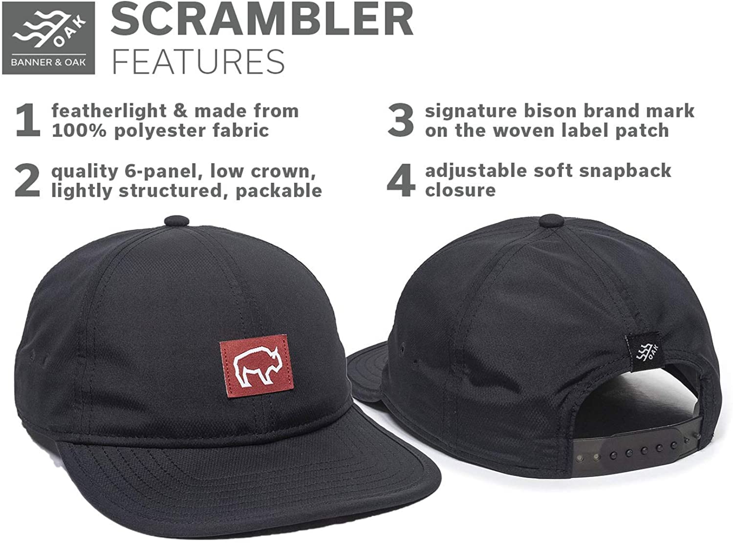 Scrambler Woven Label Patch Hat – Packable Baseball Cap, Black, Size ...