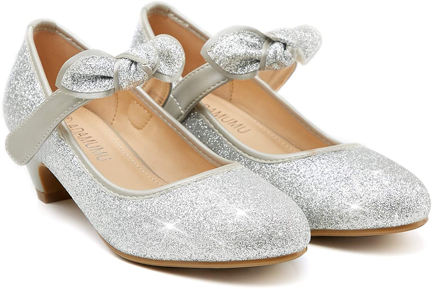 ADAMUMU Low Heels for Little Girls Party Wear Shoes, Glitter Silver ...